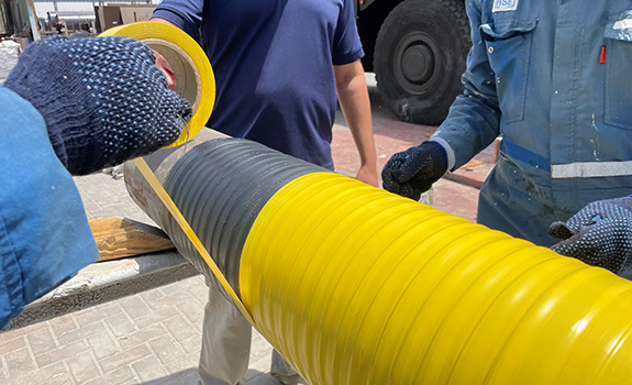 Denso™ PVC Self-Adhesive Tape is applied to the pipe lengths over the Densopol 80HT™ for extra mechanical protection during transportation.